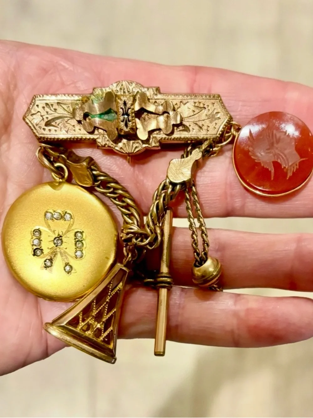 Antique Victorian 19thC Gold Chatelaine Brooch Locket Carnelian Fob Pin